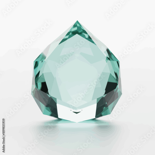 A faceted gemstone with light blue and green hues sits on a reflective surface.