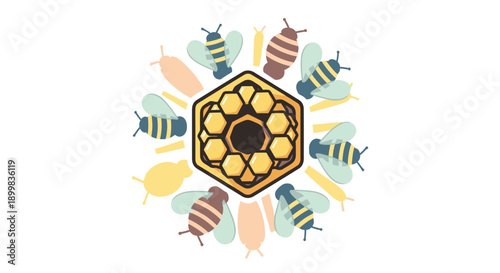 Stylized bees and honeycomb illustration