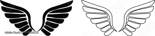 Angel wings icon set in flat and line style, bird wing symbol collection and group, black monochrome vector illustration isolated on transparent background for logo design