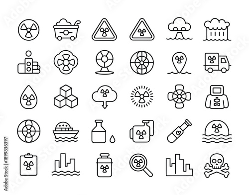 Vector set of icons featuring hazardous waste and pollution symbols in black and white