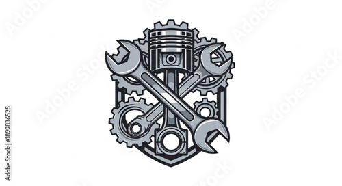 Mechanical Emblem with Piston Wrench and Gears.