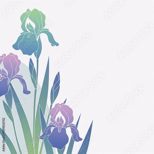 Artistic Illustration of Purple and Blue Iris Flowers on White Background