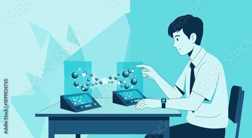 Engaged student analyzing interactive molecule structures on touch screen devices in a digital