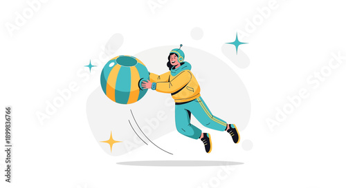 Energetic cartoon character in motion with a vibrant striped inflatable ball illustration