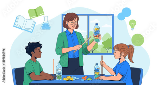 Engaging classroom scene featuring a teacher demonstrating recycling to attentive students