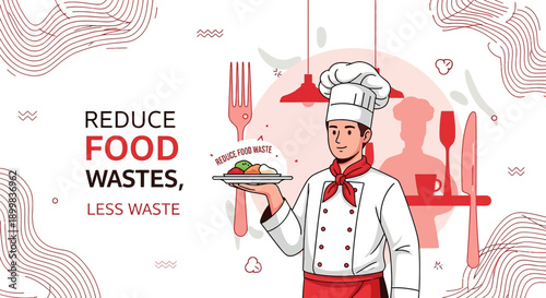 Engaging illustration promoting food waste reduction with chef and restaurant theme elements