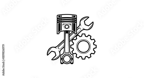 Mechanical Engine Piston and Tools Illustration.