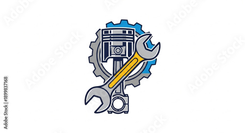 Mechanical Engine Piston Gear and Wrench Icon.