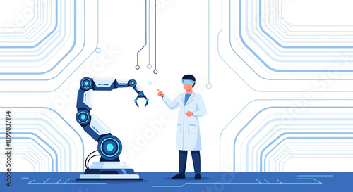 Engineer interacting with a robotic arm in an innovative technology research environment