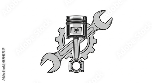 Engine Piston Wrench and Gear Mechanical Symbol.