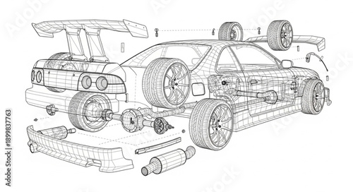 Exploded View of a Sports Car Chassis and Engine Components.