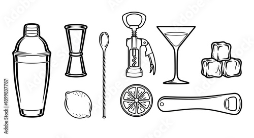 Collection of cocktail bar tools and ingredients in outline style
