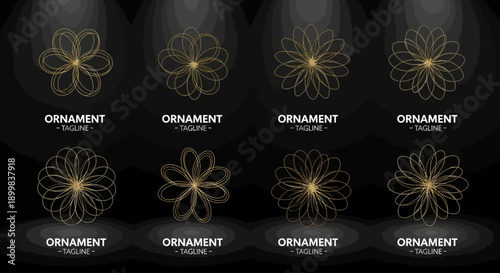Collection of golden floral ornaments with abstract design and taglines