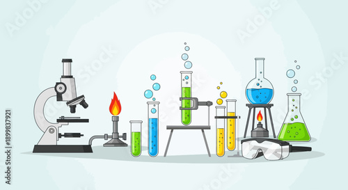 Chemistry lab equipment with colorful liquids and bubbles.