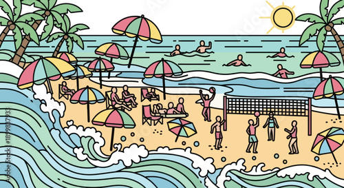 People enjoying a sunny day playing volleyball on the beach with umbrellas and palm trees.