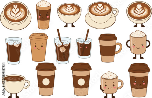 Cute cartoon coffee cups and drinks characters collection with latte cappuccino and takeaway mugs flat vector illustration