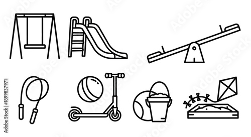 Playground and outdoor toy icon set for children's activities.