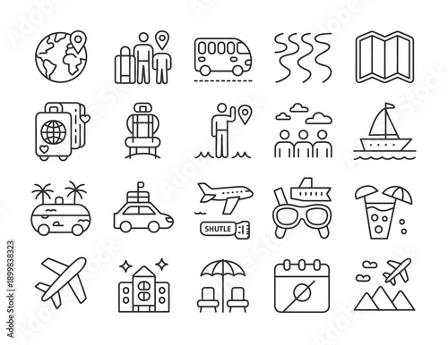 Vector icons represent travel, adventure, and transportation for tourists