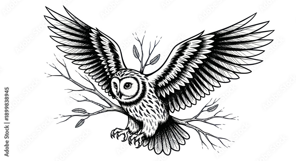Fototapeta premium An owl with wings spread wide perches on branches.