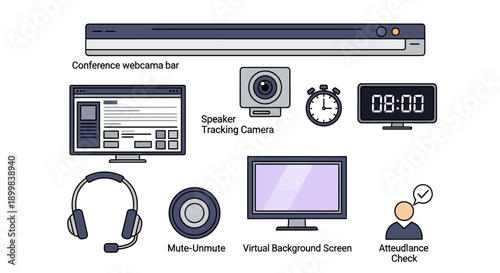 Online meeting and virtual conference equipment illustration