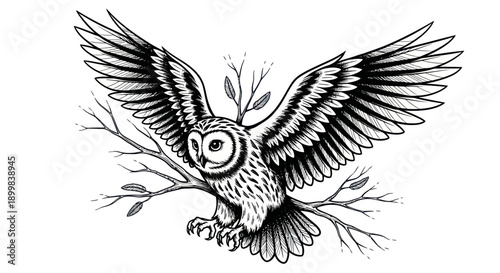 An owl with wings spread wide perches on branches.