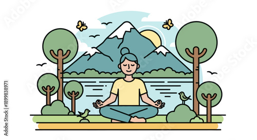 Woman meditating in lotus pose against a mountain and lake backdrop.