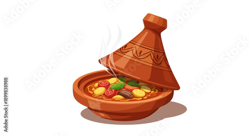 Steaming tagine dish with vegetables and meat
