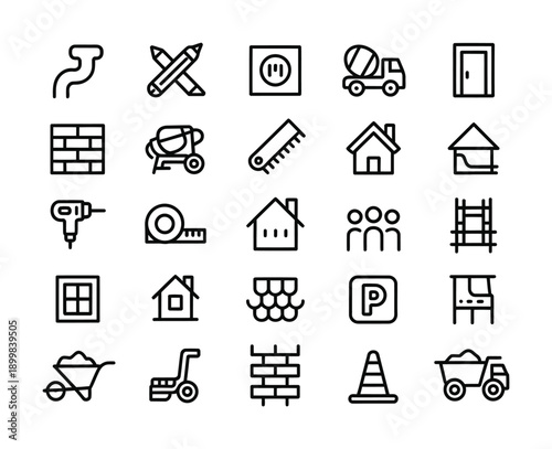 Set of vector icons depicts construction tools equipment and buildings for project