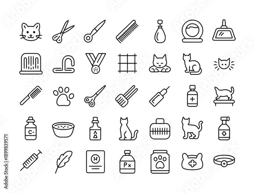Collection of vector icons depicting pet care items and cat-related symbols
