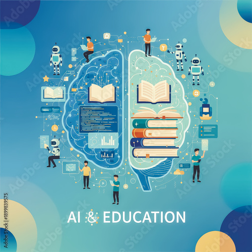 A vector illustration showing the synergy between artificial intelligence and education, represented by a brain divided between technology and books. Vector illustration