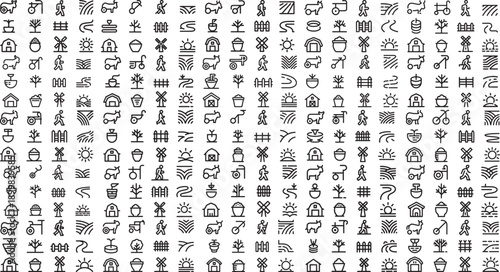 set of thin line icons in black color on white background with various rural and countryside objects and symbols