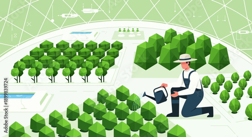 Futuristic Agriculture: A Farmer's Dedication in a Sustainable Environment Concept