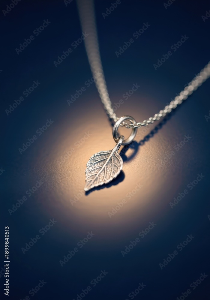 Fototapeta premium Delicate Silver Leaf Pendant Necklace on a Shimmering Background