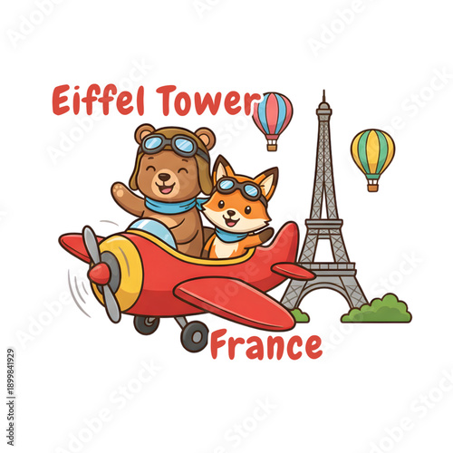 Vintage cartoon illustration in retro card style depicting a bear and a fox happily sitting on an airplane. Background with Eiffel Tower Of France