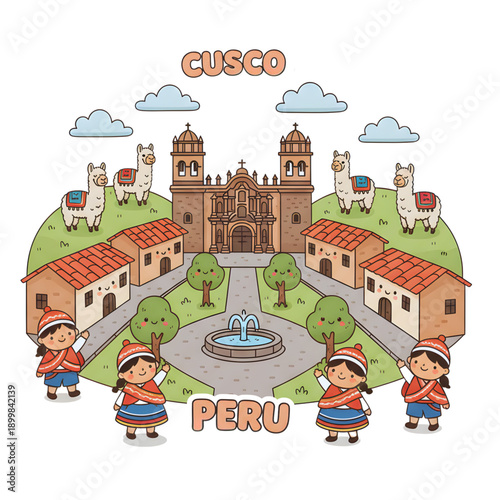 Vintage vector illustration of an old town street with seamless cartoon houses and Tuscan architecture in a scenic urban city landscape drawing. Cusco at Peru