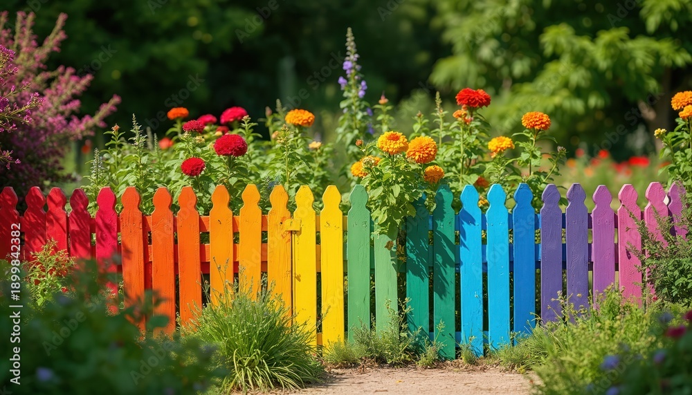 Fototapeta premium Vibrant rainbow fence borders rich garden filled with blooming flowers, green foliage. Wooden fence painted in bright, cheerful colors creating playful, welcoming atmosphere. Stands out against