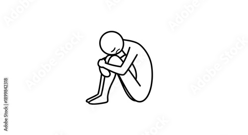 Sad stick figure person sitting curled up in a fetal position, expressing loneliness or depression on an isolated white background.