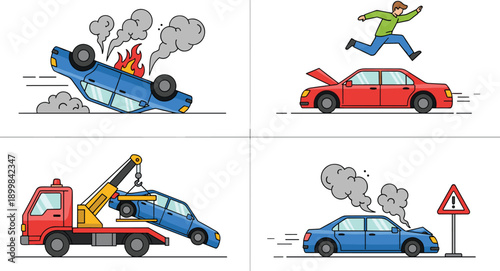 Car Accident and Breakdown Vector Set with Crash Scenes, Towing Service, Emergency Situations, and Road Safety Concepts in Flat Illustration Style