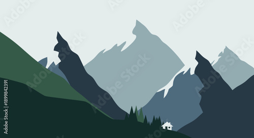Beautiful mountain landscape with rolling hills and a small house, depicting serene natural beauty.