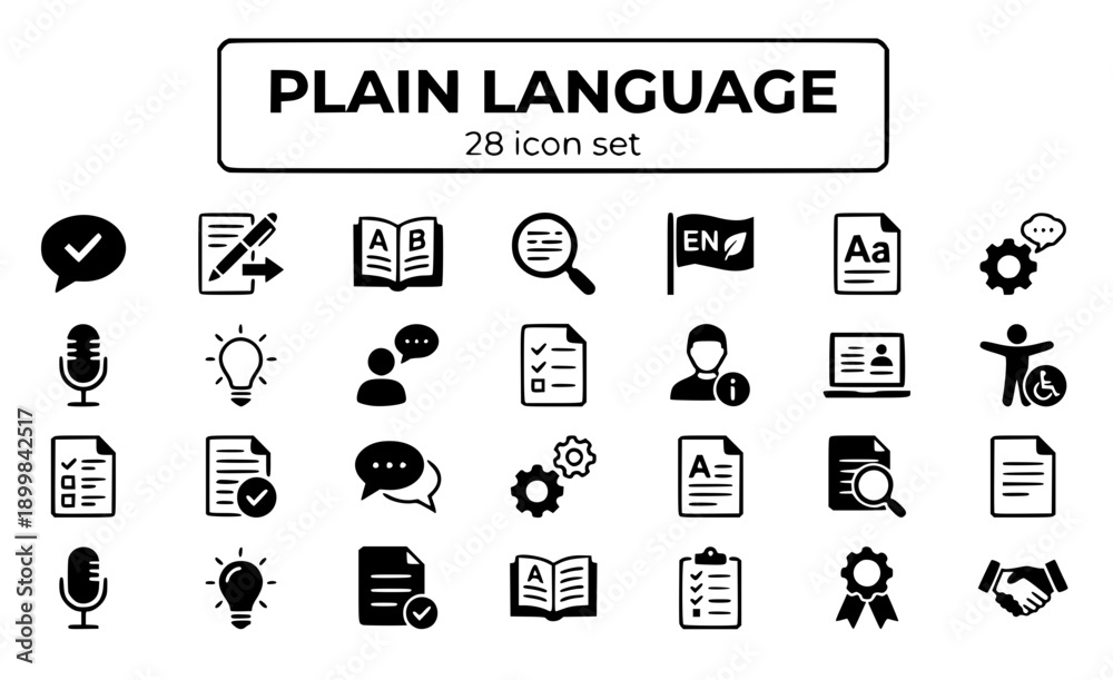 Fototapeta premium Plain Language Simple Clear Easy-to-Read Simplified Text Plain-English Readable Content Simplification Accessible Understandable Communication Literacy Comprehension Vector Icon Set - Simple Language