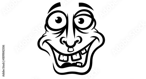 Quirky Cartoon Face with Exaggerated Smile and Detailed Teeth in Black and White Outline on an Isolated White Background