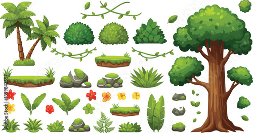 Cartoon Nature Environment Elements Set with Trees, Bushes, Grass, Flowers, Rocks, and Platforms for 2D Games, UI Assets, and Illustration Design