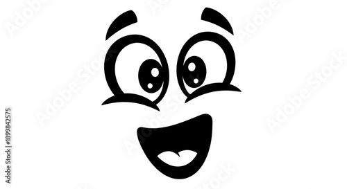 Happy cartoon face with wide open mouth and joyful expression, black and white line art on isolated white background.