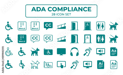 ADA Compliance Americans Disabilities Act Accessibility Standards Regulations Requirements Legal Wheelchair Access Universal Design Barrier-Free Inclusive Vector Icon Set - ADA Standards