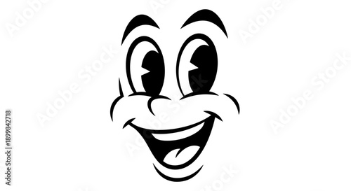 Joyful Laughing Cartoon Emoji Face with Wide Eyes and Open Mouth, Isolated White Background.