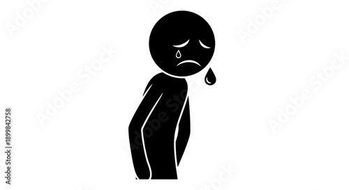 Sad Stick Figure Person Crying with Tears, Isolated White Background.