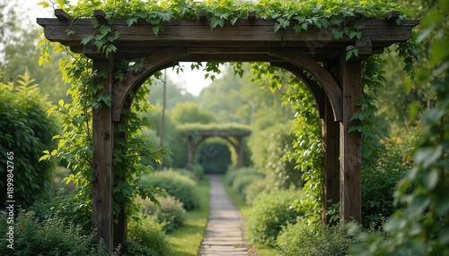 Wooden archway covered with green vines leads down stone path in rich garden. Another similar archway is visible in distance among trees. Peaceful natural scene inspires quiet reflection, relaxation.