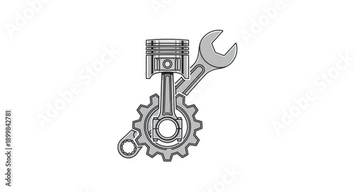 Mechanical Engine Piston Gear and Wrench Illustration.