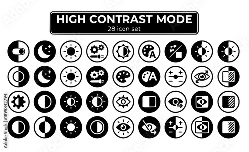 High Contrast Mode Dark Light Toggle Settings Theme Adjustment Accessibility Visual Color Display Screen Visibility Legibility Readability Vector Icon Set - Contrast Display