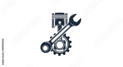 Mechanical Engine Piston Wrench and Gear Illustration.
